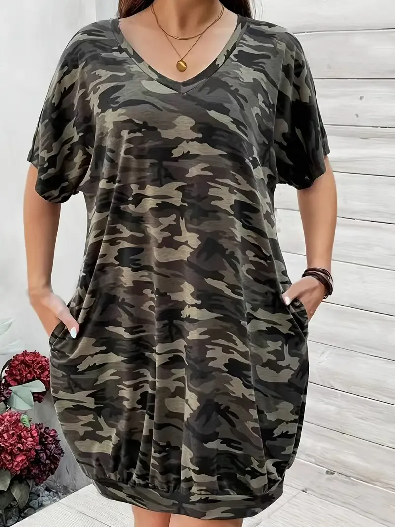 omen's Camo Print V-Neck Dress - Casual Short Sleeve Summer Dress with Side Pockets, Stretchy Polyester Blend, Black/Green Camouflage Pattern, Machine Washable