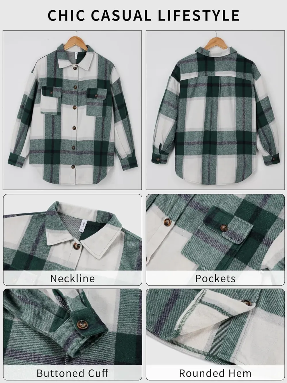 Women's Casual Plaid Flannel Shacket Jacket Oversized Button Down Long Sleeve Fall Shirts Jacket Lapel Coats Tops