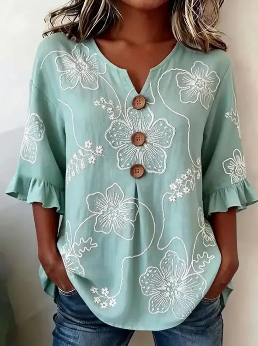 Women's Nashville Floral Embroidered Button-Down Ruffle Top