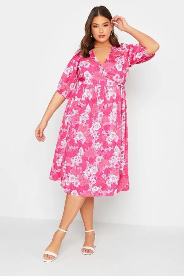 YOURS Curve Pink Floral Wrap Midaxi Dress