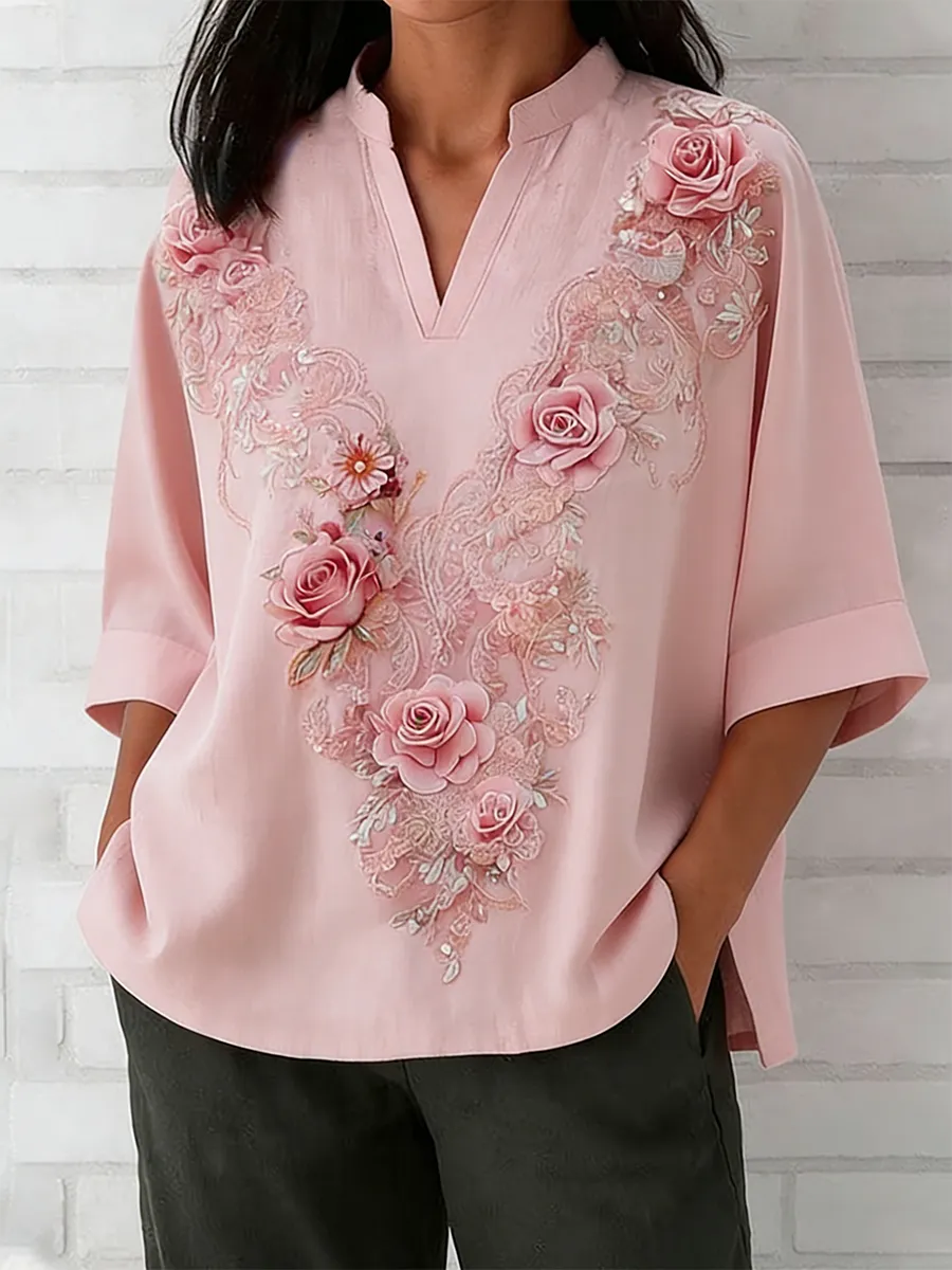Women's Retro Heavy Industry Embroidered Flower Pattern V-Neck Top