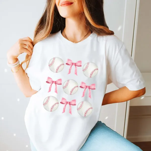 Baseball Game Day Printed Round Neck Short Sleeve T-Shirt