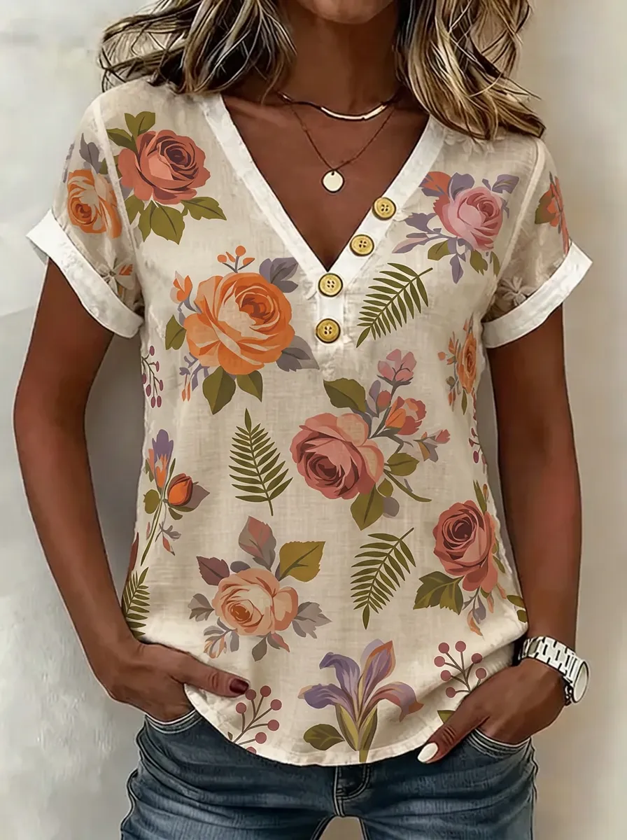 Women's Nashville Floral Rose Fern Printed V-Neck Button Top