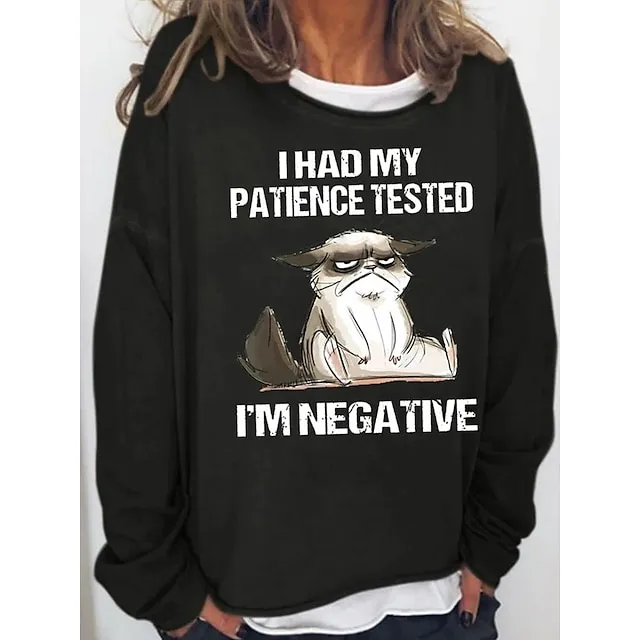 Women's Sweatshirt Pullover Active Sports Streetwear Black Pink Red Cat I HAD MY PATIENCE TESTED Oversized Sports Round Neck Long Sleeve Micro-elastic Fall & Winter