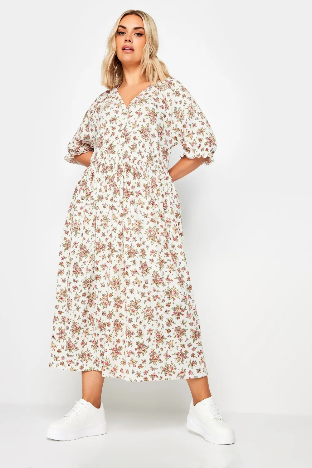 YOURS Curve White Vintage Floral Textured Midaxi Dress