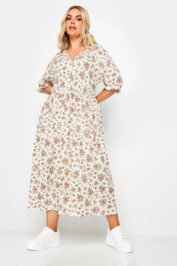 YOURS Curve White Vintage Floral Textured Midaxi Dress