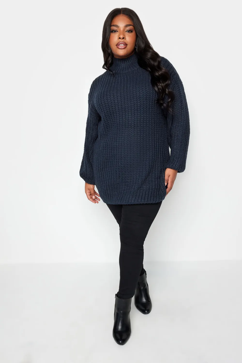 YOURS Curve Navy Blue Funnel Neck Oversized Knitted Jumper