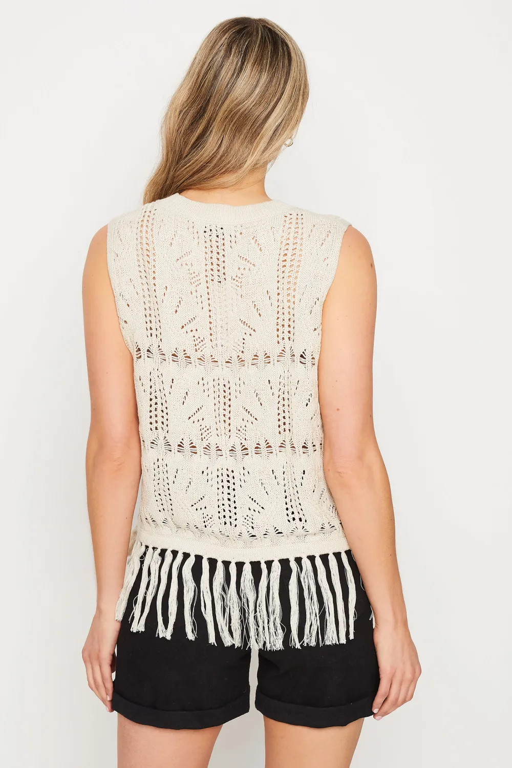 LTS Tall Black Crochet Tassel Vest Top