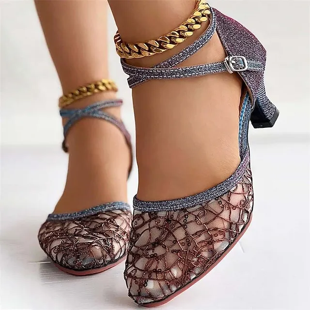 Women's Heels Wedding Shoes Sandals Sexy Shoes Stilettos Comfort Shoes Outdoor Daily Summer Sequin Low Heel Pointed Toe Fashion Elegant Sexy Mesh Cross Strap Solid Color Black 5.5cm Black 3.5cm Blue