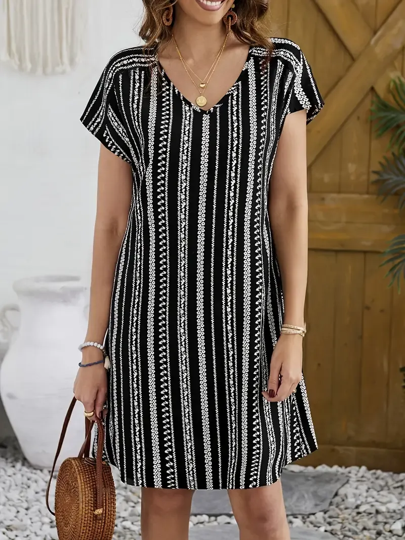 Striped V Neck Loose Dress - Casual Short Sleeve Dress For Spring & Summer