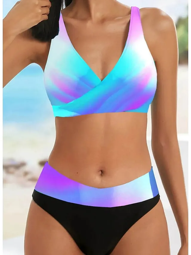Women's Swimwear Bikini Plus Size Swimsuit 2 Piece Cut Out Graphic Blue Purple Gold Green Bandeau Bathing Suits Sports Push Up Summer