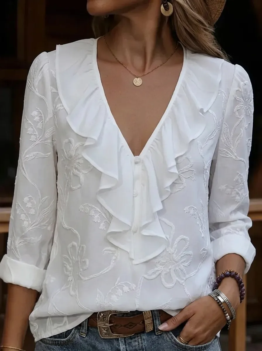 Women's Nashville Country Floral Embroidered Ruffle V-Neck Shirt