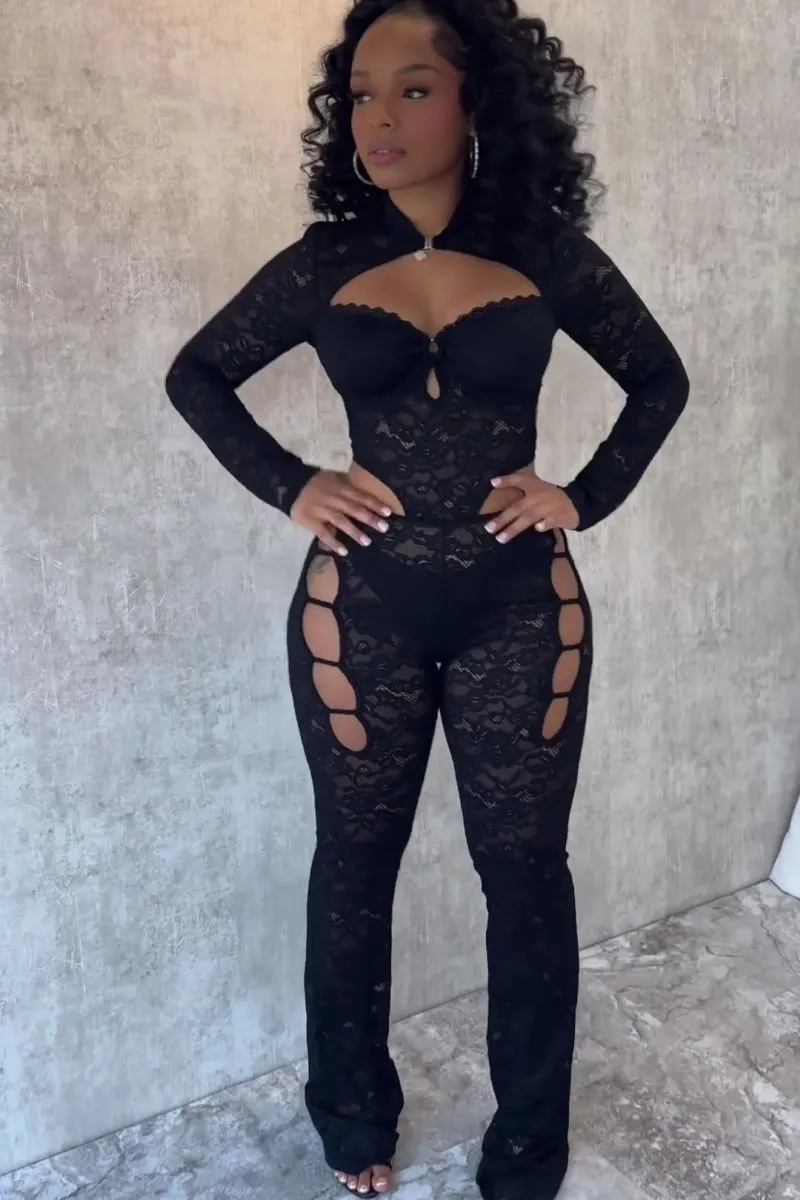 Long Sleeve Guipure Lace Cutout Bodycon Jumpsuit-Black