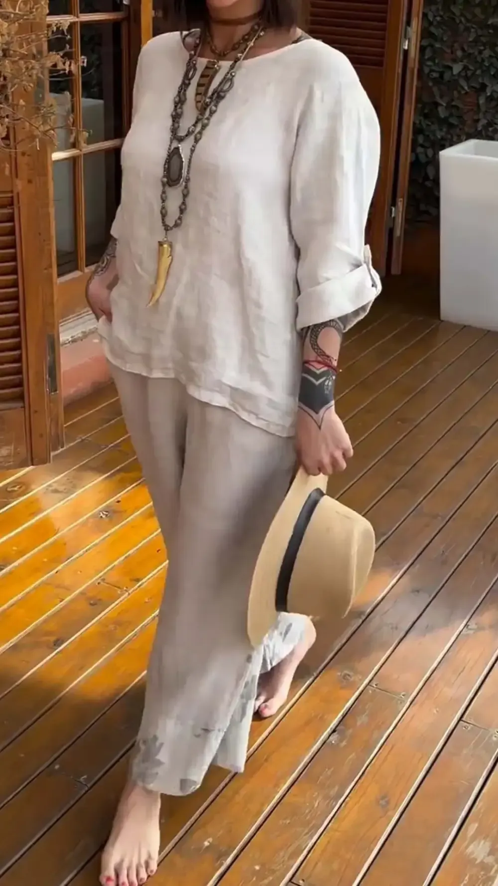 Women's Casual Cotton and Linen Printed Long Sleeve Suit