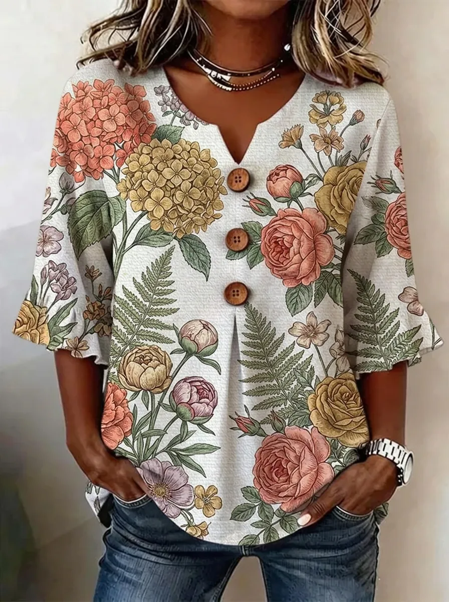 Women's Nashville Floral Botanical Printed V-Neck Button Top