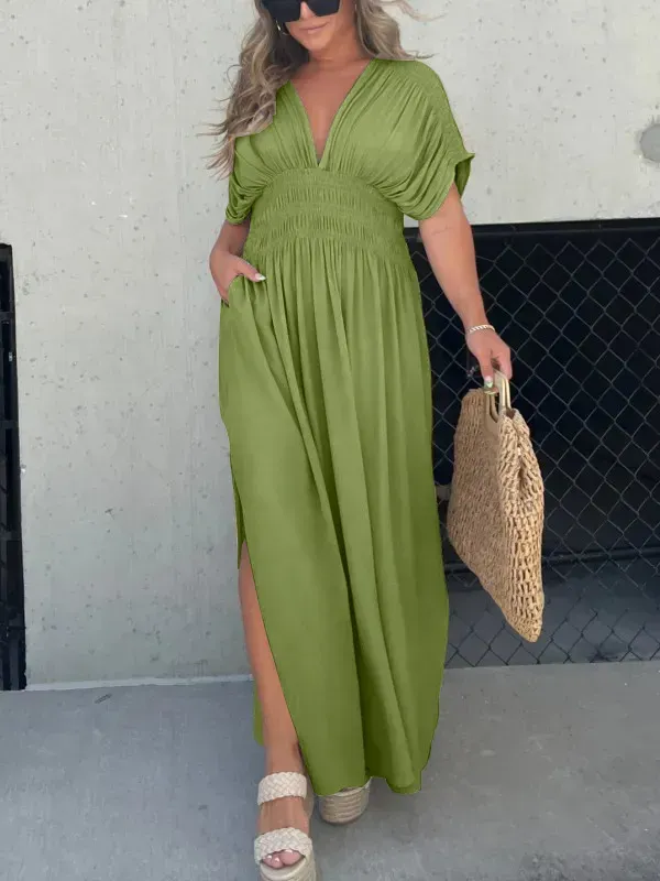 Slit V-Neck Effortless Maxi Long Dress
