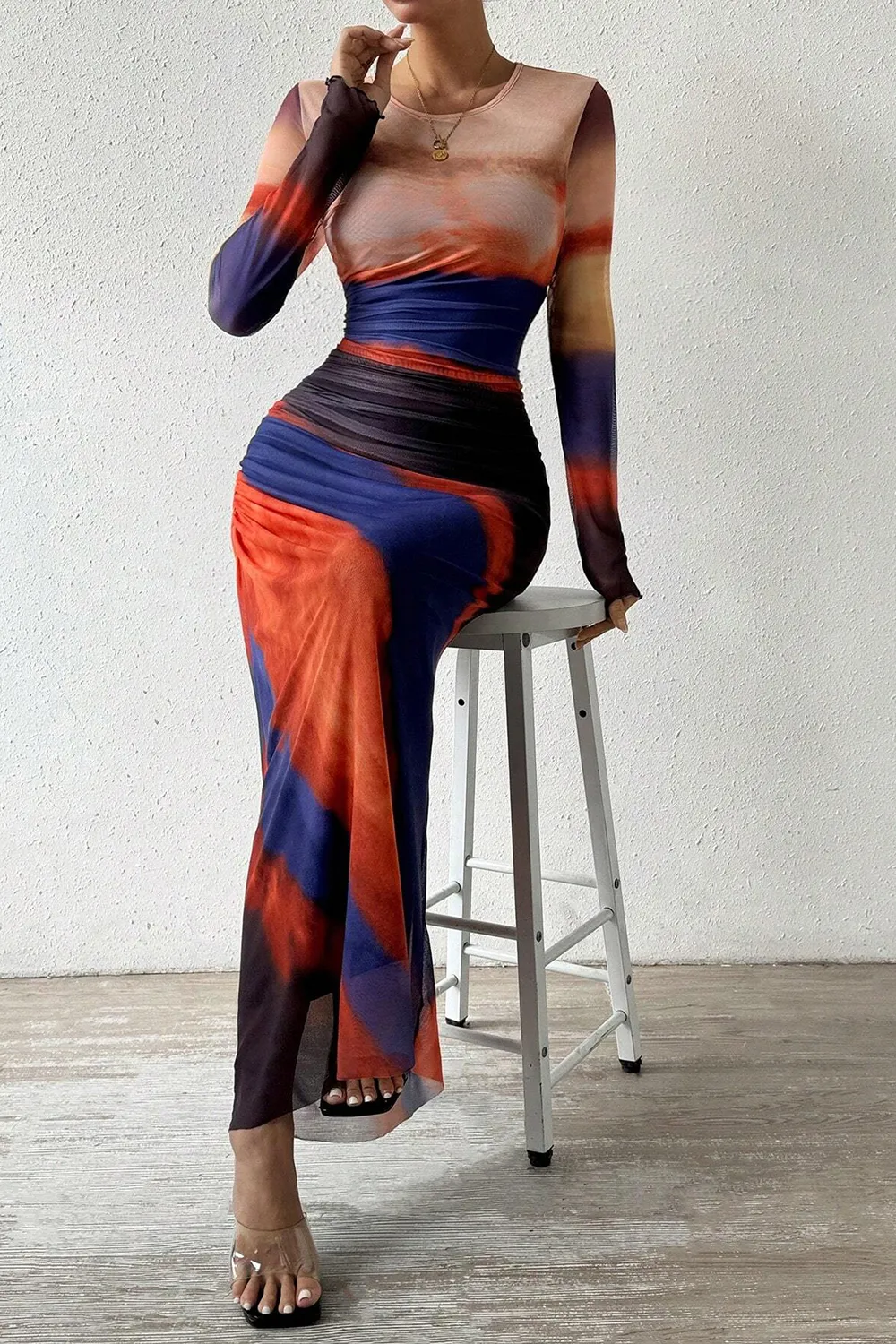 Women's Tie Dye Long Sleeve Pleated Dress
