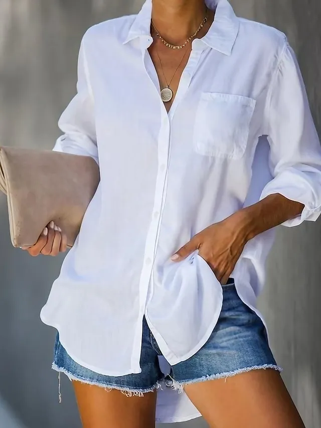 Women's Shirt Blouse Cotton Black White Pink Plain Button Long Sleeve Casual Basic Shirt Collar Regular Fit Spring Fall