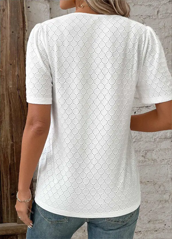 White Patchwork Short Sleeve V Neck Blouse