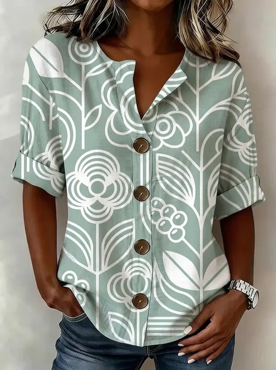 Women's Nashville Floral Botanical Printed Button-Down Shirt