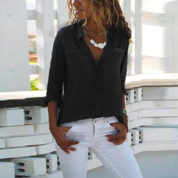 Lapel Long Sleeve Plain Elegant Tops