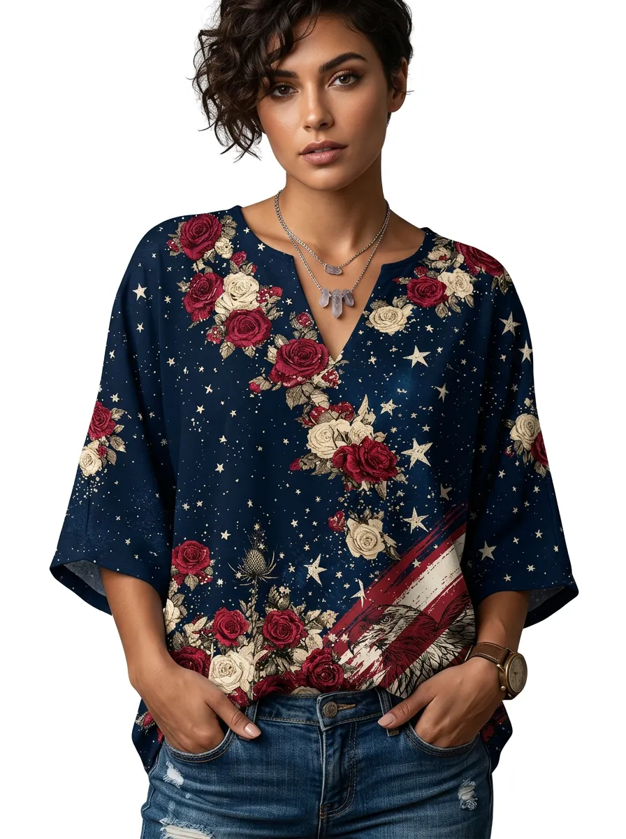 Women's Nashville Rose Star American Flag Printed Top