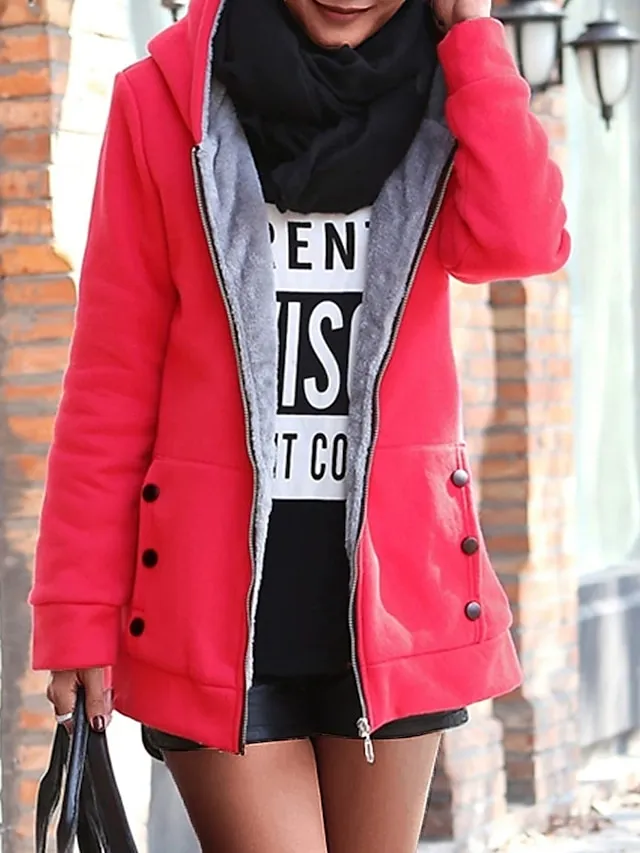 Women's Winter Coat Hoodie Jacket Street Fall Winter Regular Short Coat Regular Fit Windproof Warm Stylish Contemporary Casual Jacket Long Sleeve Plain with Pockets Full Zip Red Blue Green