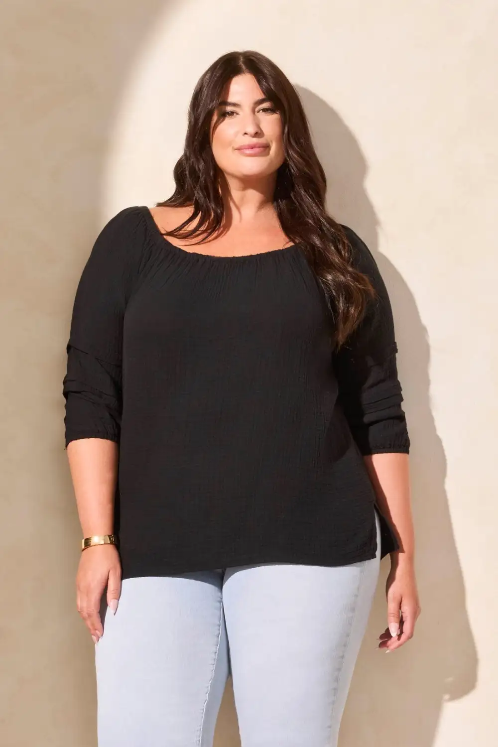 Cotton Gauze Convertible Off-Shoulder Top-Black