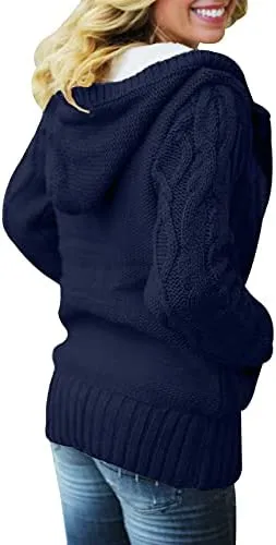 Womens Hooded Cardigans Button Up Cable Knit Sweater Coat Outerwear with Pockets