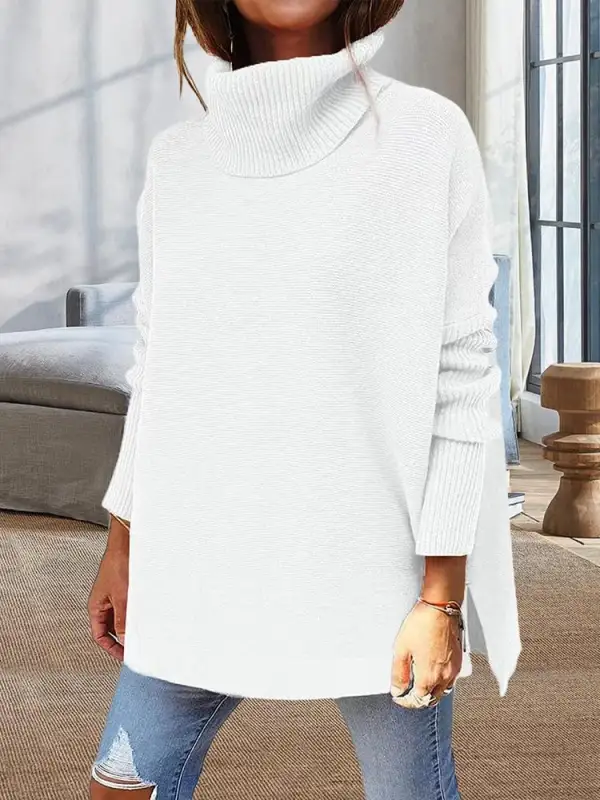 Midi Bat Sleeve Hem Tunic Sweater Knitted In A Turtleneck Sweater