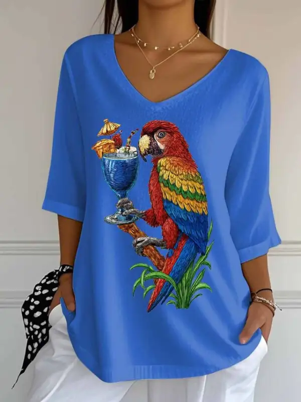 Women's Retro Parrot Margarita Print Mid Sleeve T-Shirt上报