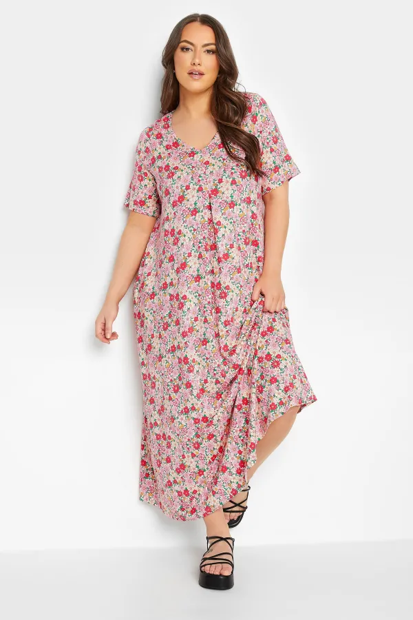 YOURS Curve Pink Floral Pleat Front Maxi Dress