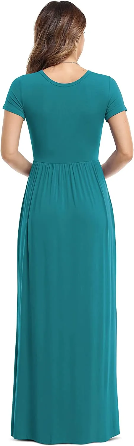 Women's Short Sleeve Loose Plain Maxi Dresses Casual Long Dresses with Pockets
