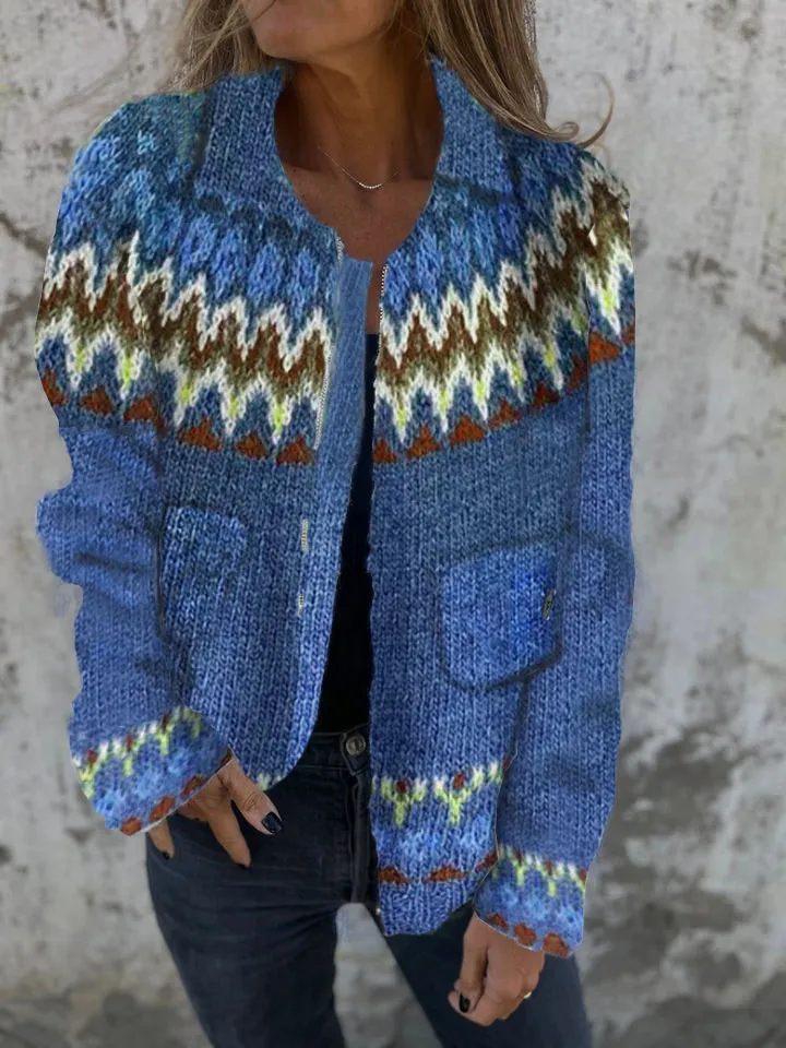 Women's Casual Wave Print Cardigan Sweater