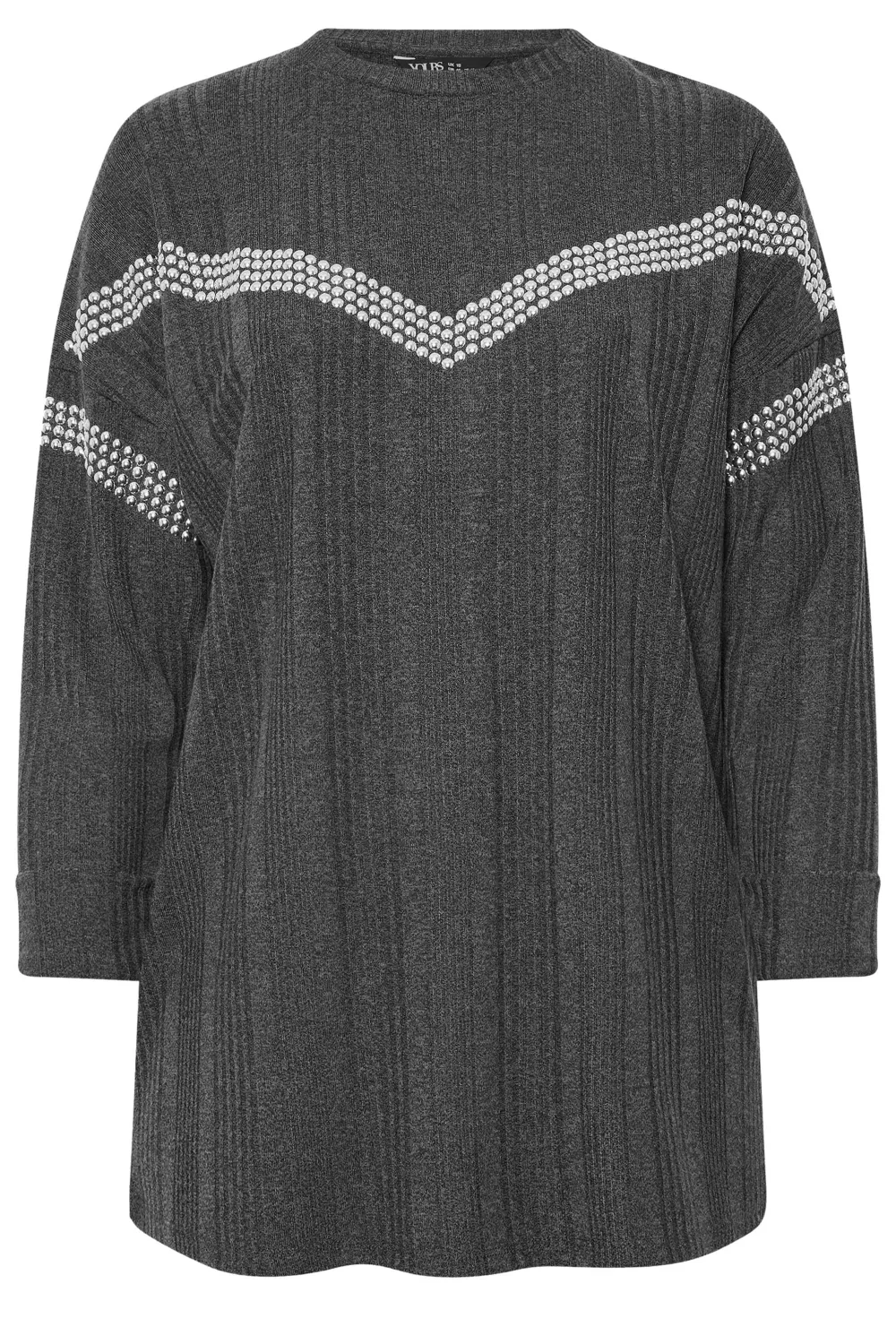 YOURS Curve Grey Ribbed Chevron Stud Jumper