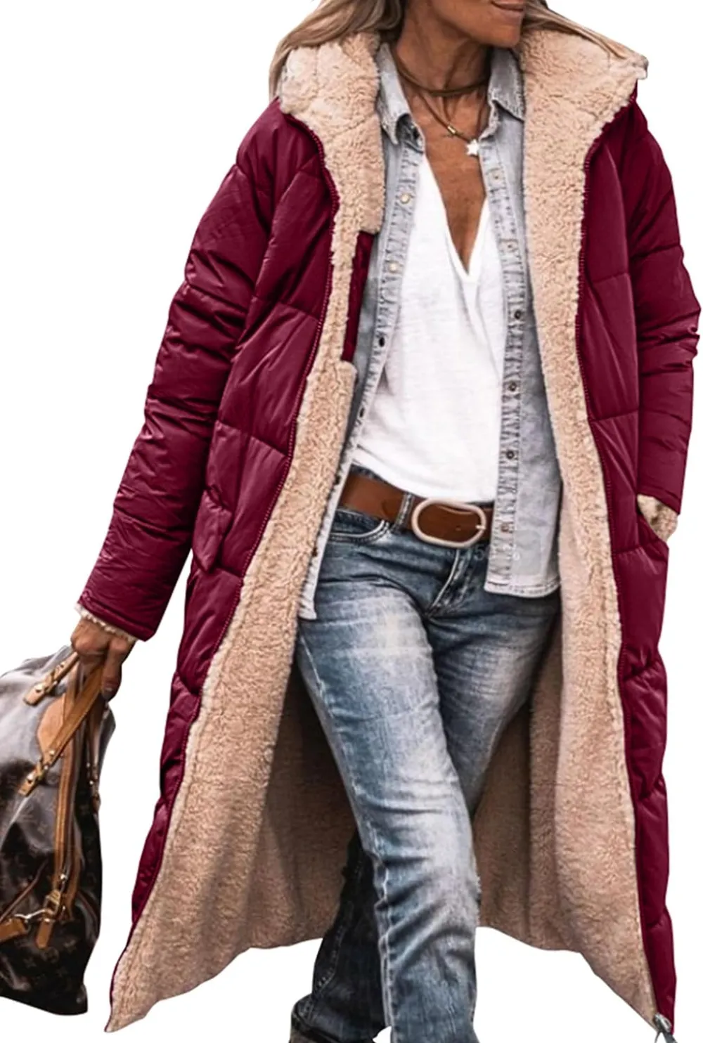 Women's 2023 Warm Winter Coats Reversible Sherpa Fleece Long Hooded Puffer Jackets Outerwear