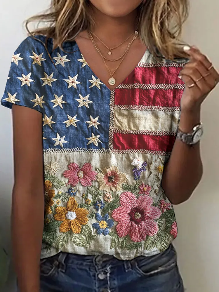 Women's Vintage Independence Day Flag Floral Embroidery V-neck T-shirt