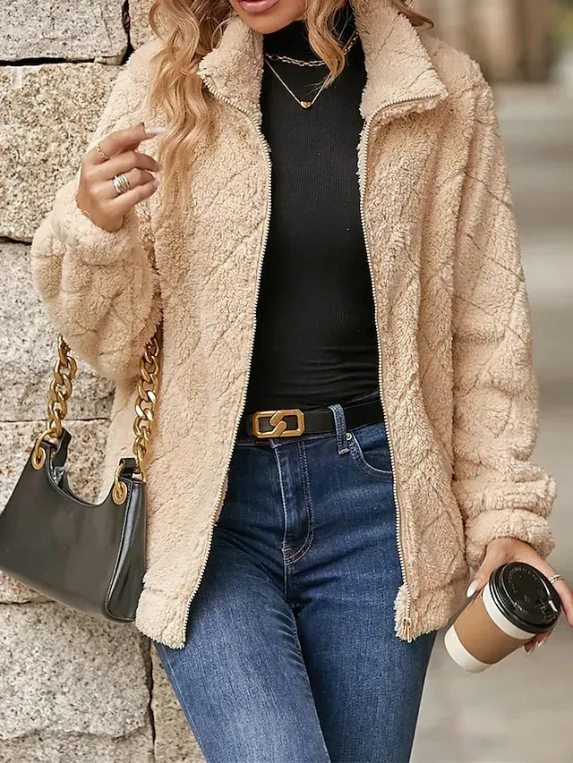 Women's Fleece Jacket Sherpa Jacket Teddy Coat Windproof Warm Outdoor Street Daily Wear Vacation Zipper Pocket Zipper Turndown Plush Modern Casual Street Style Plain Regular Fit Outerwear Long Sleeve