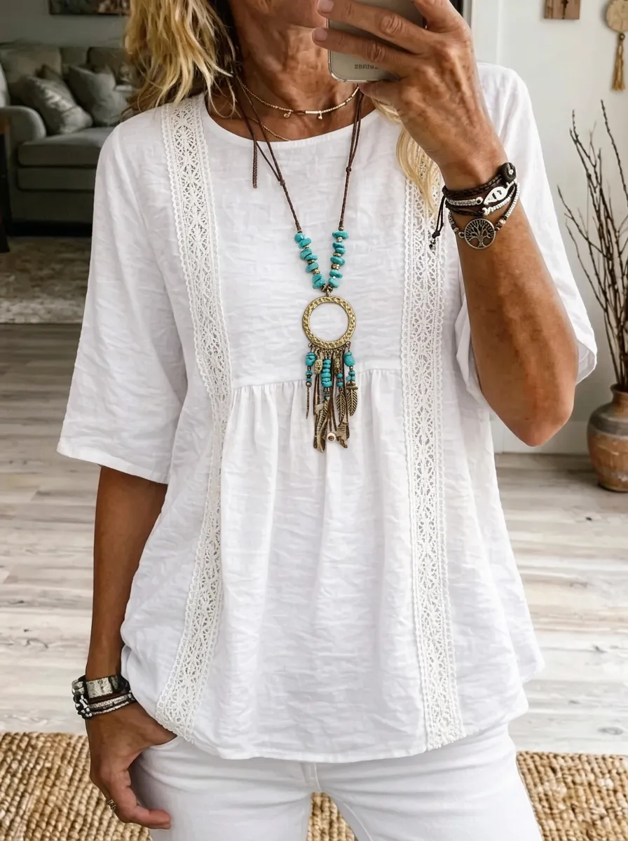 Women's Nashville Country Music Guitar Printed Lace Trim Top