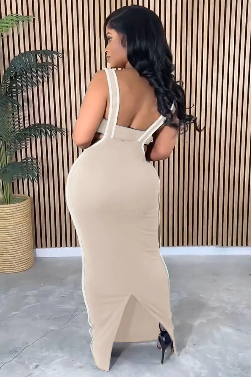 Colorblock Trim Crop Tube Top Bodycon Overall Maxi Dresses Matching Set-Black