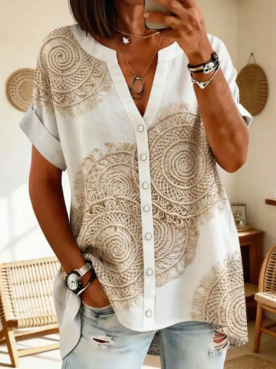 Women's Nashville Boho Spiral Macrame Printed V-Neck Shirt