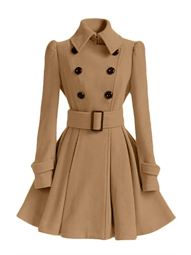 Women's Winter Coat Long Overcoat with Belt Christmas Party Xmas Wear Dress Coat Warm Double Breasted Pea Coat Fall Trench Coat Red Black Khaki Elegant Outerwear Casual Jacket
