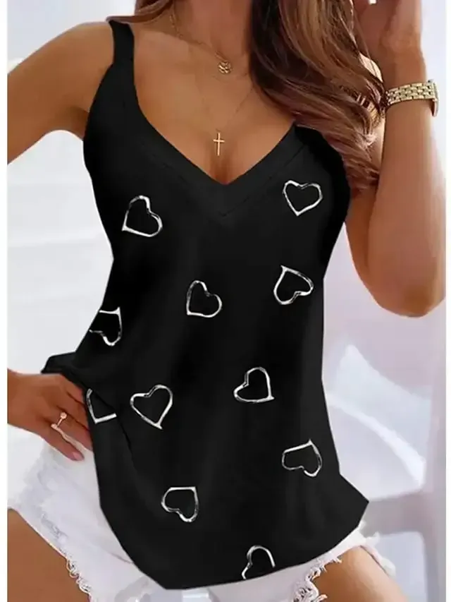 Women's Tank Top Black White Pink Heart Print Sleeveless Casual Weekend Basic V Neck Regular S