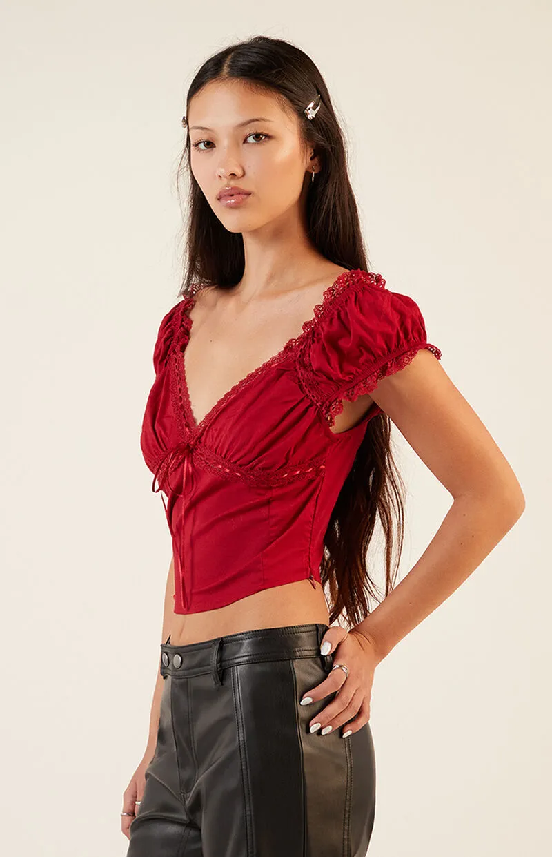 LA Hearts Lace Trim Tie Front Top