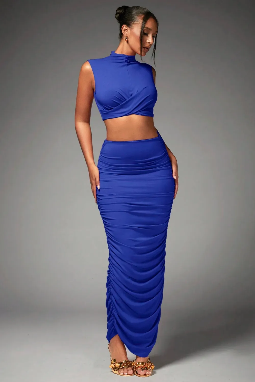BAE Women's Mock Neck Pleated Crop Top And Skirt Set