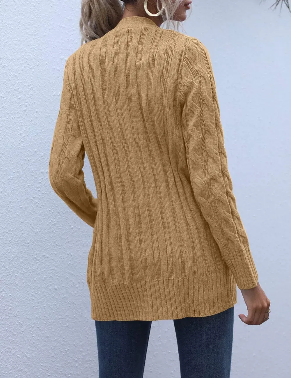 MEROKEETY Women's 2024 Fall Long Sleeve Cable Knit Sweater Open Front Cardigan Button Loose Outerwear