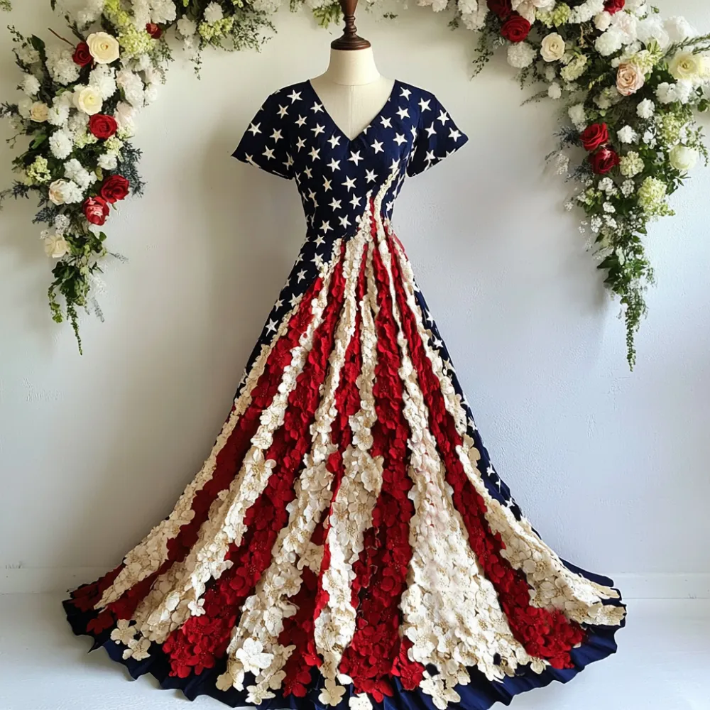 Women's Independence Day Flag And Floral Print Short Sleeve Dress