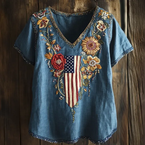 Vintage Sequins Floral Flag Embroidery Women's Linen V-neck Shirt