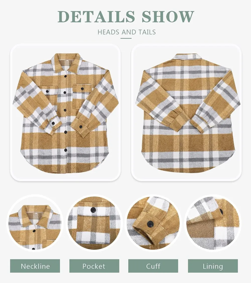 Women's Flannel Plaid Shacket Long Sleeve Button Down Chest Pocketed Shirts Jacket Coats