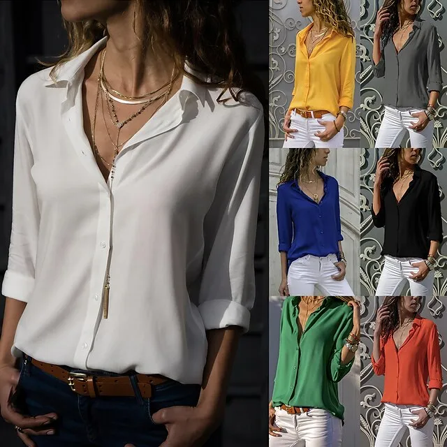 Women's Blouse Shirt Plain Shirt Collar Business Basic Elegant Tops Blue Yellow Gray